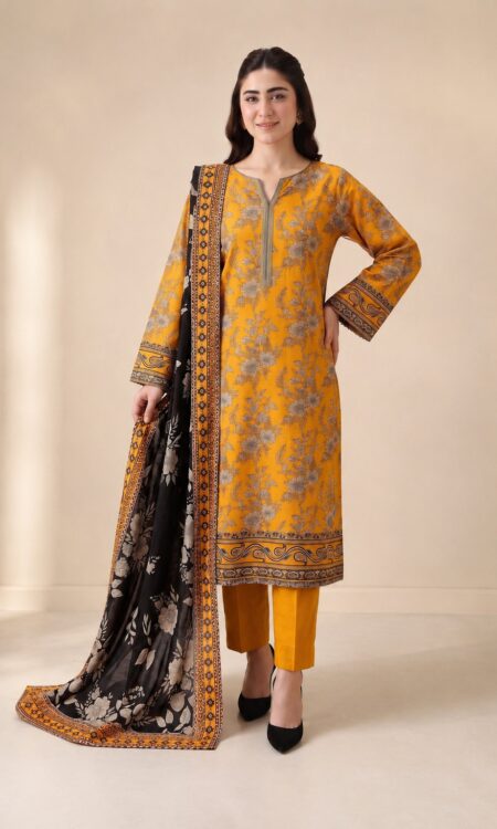 Mustard Yellow Embroidered  3-PC Lawn