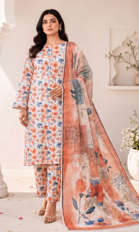 Peach Floral Embroidered  3-PC  Lawn