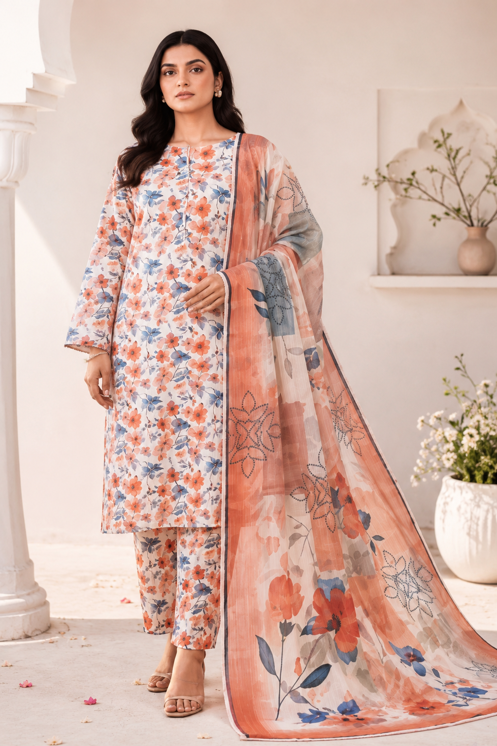 Peach Floral Embroidered  3-PC  Lawn