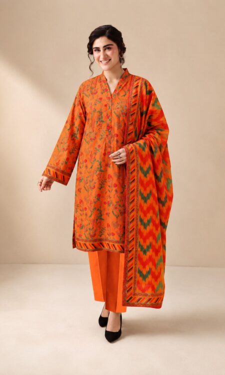 Bright Orange Embroidered 3-PC Lawn