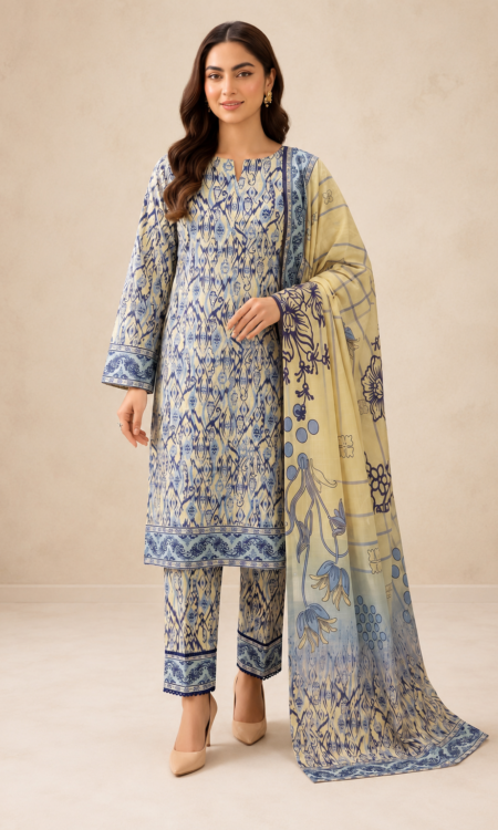 Deep Blue Embroidered  3-PC lawn