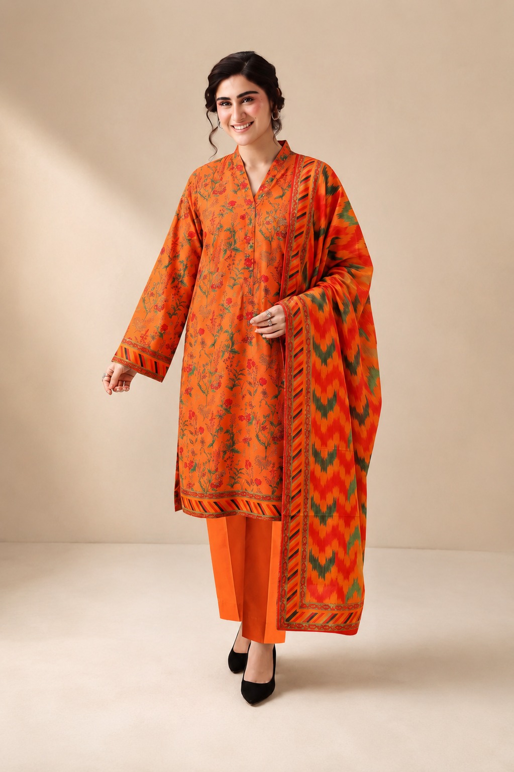 Bright Orange Embroidered 3-PC Lawn