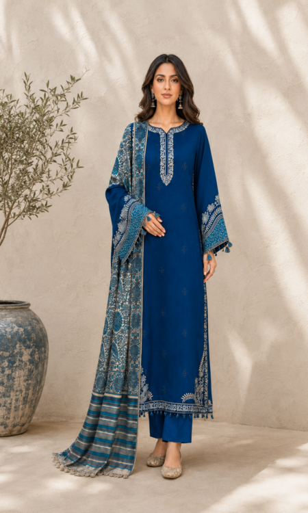 Deep Navy Blue Embroidered 3-PC Lawn