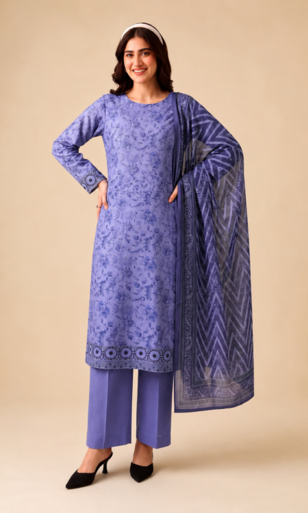 Lavender Blue Embroidered  3-PC Lawn