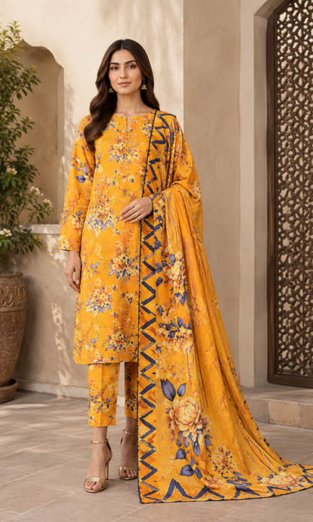 \Mustard Yellow Embroidered  3-PC lawn