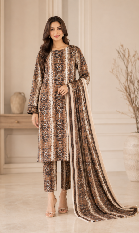 Chocolate Brown Embroidered 3-PC lawn