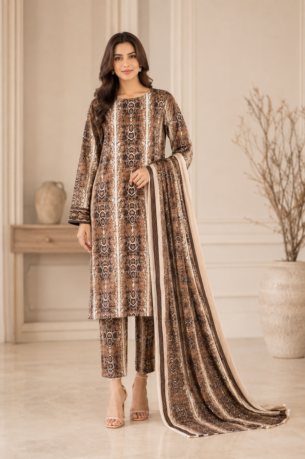 Chocolate Brown Embroidered  3-PC lawn