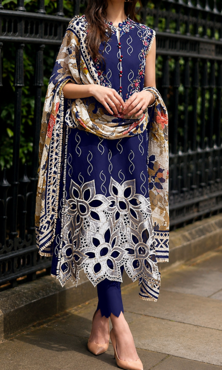 Navy Blue Embroidered  3-PC Lawn