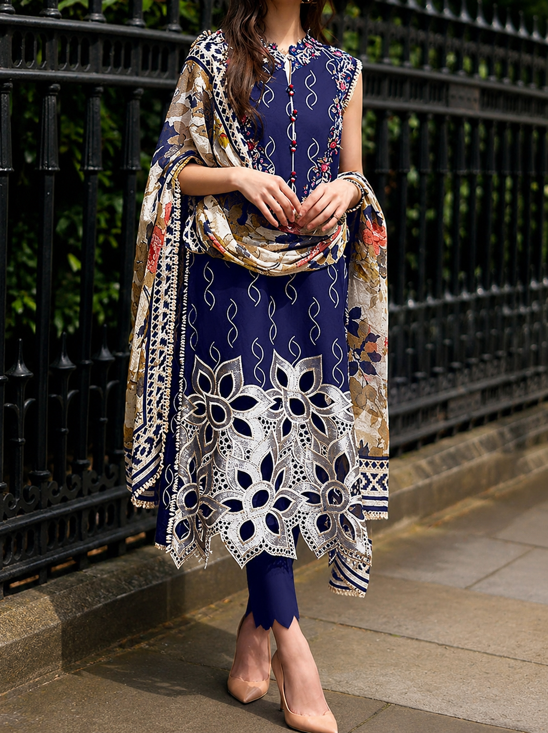 Navy Blue Embroidered  3-PC Lawn