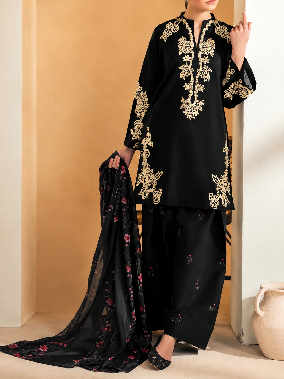 Black Gold 3-PC Embroidered  Lawn
