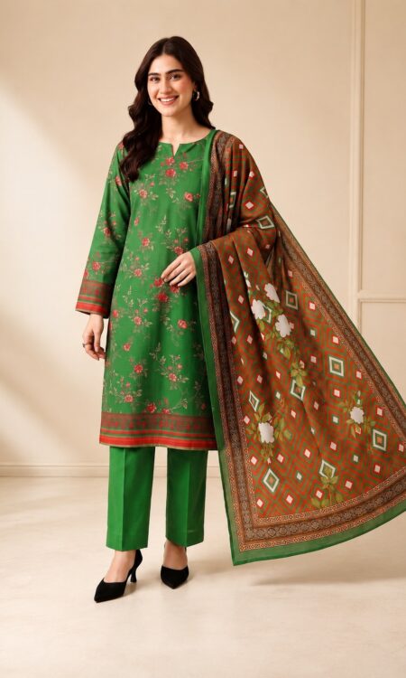 Green Embroidered 3-PC Lawn