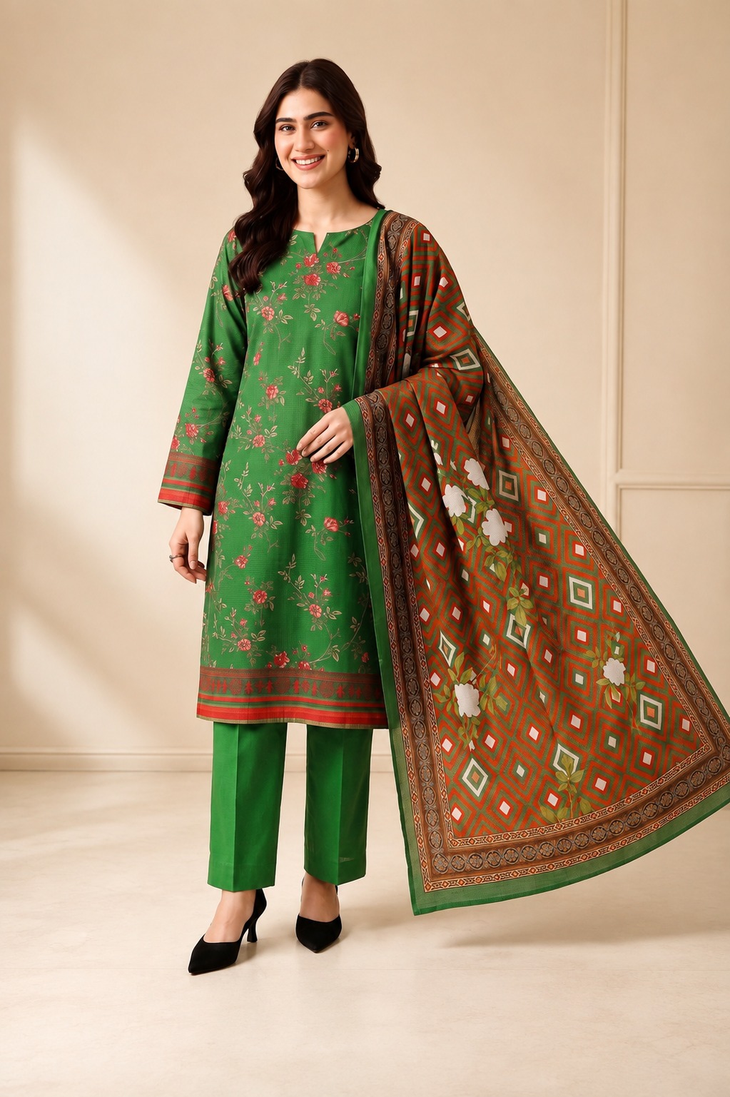 Green Embroidered 3-PC Lawn
