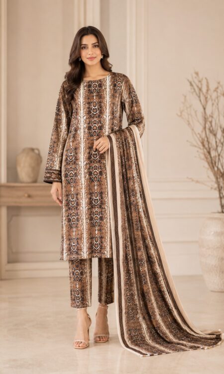 Camel Brown Embroidered  3-PC lawn