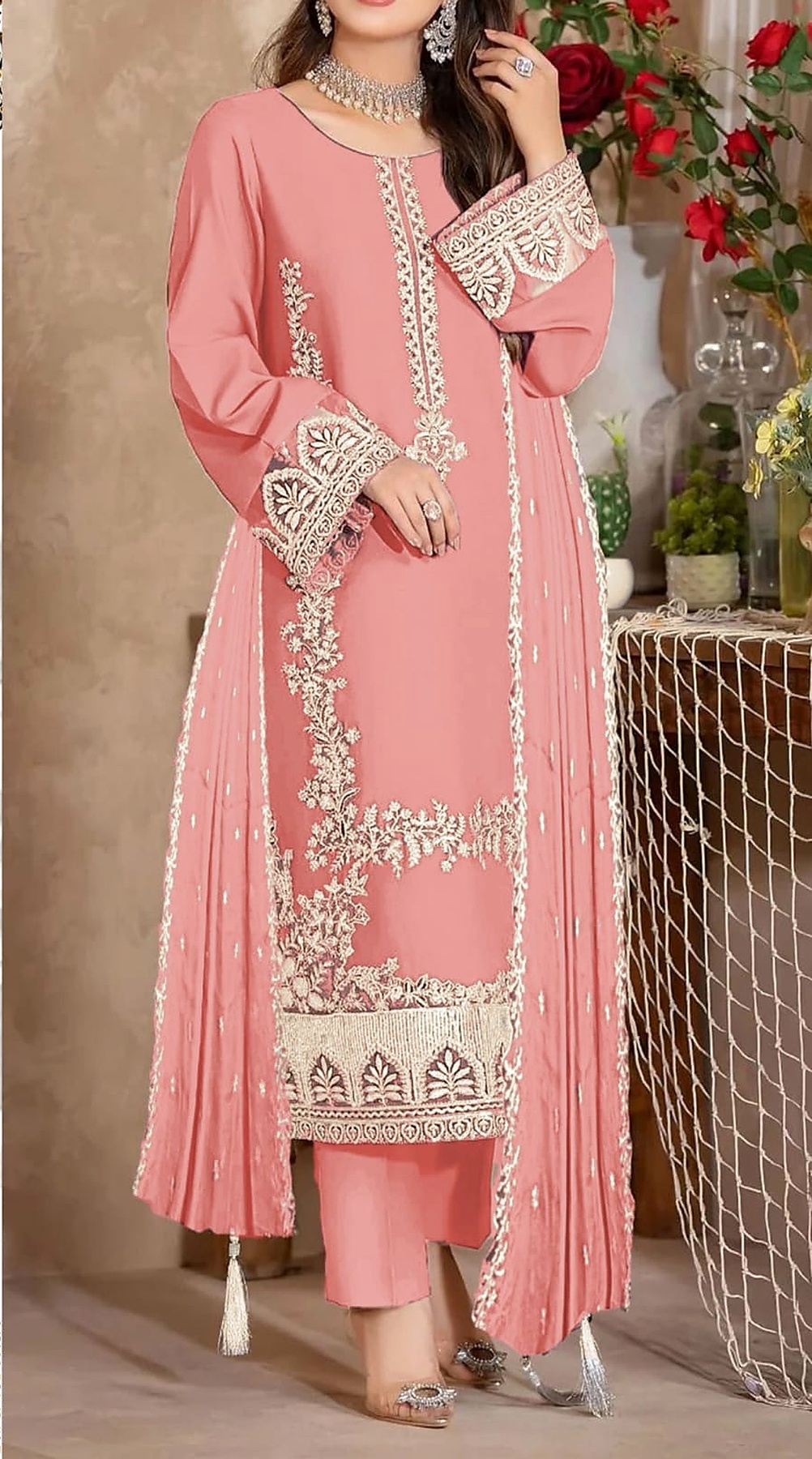 Peach Rose Embroidered  3-PC Lawn